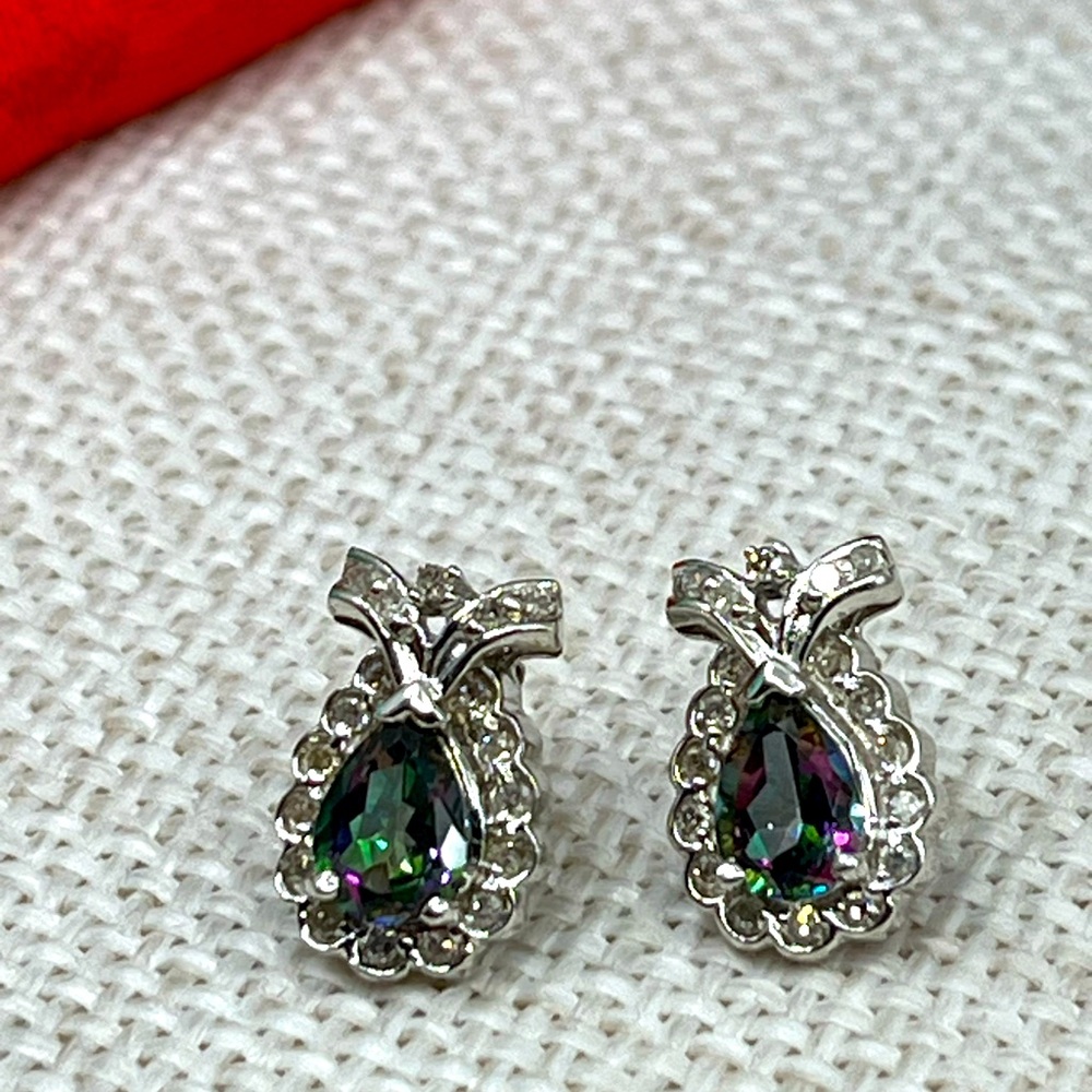 Vintage 10k White Gold Mystic Topaz & Diamond Earrings